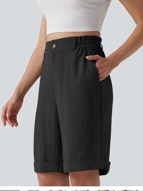 HALARA High Waisted Rolled Hem Linen-Feel Resort Bermuda Shorts 10" with Pockets